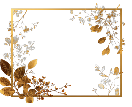 Elegant golden frame with metallic floral arrangements and autumn leaves on black