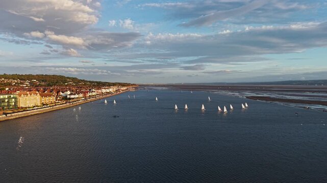 Aerial of dinghies sailing on Marine Lake, West Kirby, Wirral, Merseyside, England