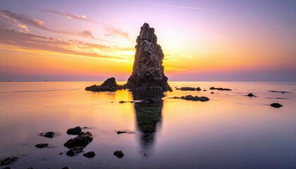 A solitary, jagged rock formation rises from the ocean surface during a colorful sunset, with calm water reflecting the sky.