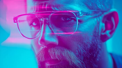 Close up portrait of bearded man wearing spectacles, illuminated by striking neon magenta and cyan light with digital scanline effects - Powered by Adobe