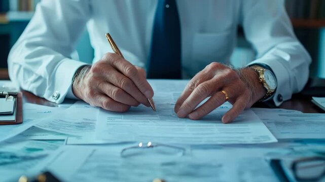 Experienced individual diligently working on official paperwork, using distinguished golden pen on cluttered wooden surface