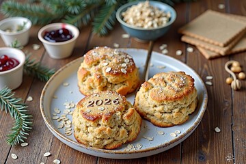 Fototapeta premium Festive oat biscuits with 2026 inscription on rustic wooden table