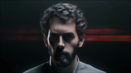 A man's face is obscured by a digital data stream, showing a glitchy, pixelated effect across his eyes. - Powered by Adobe