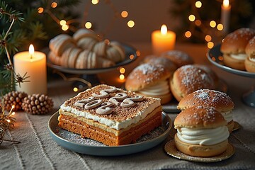 Festive dessert spread with lit candles and cozy atmosphere