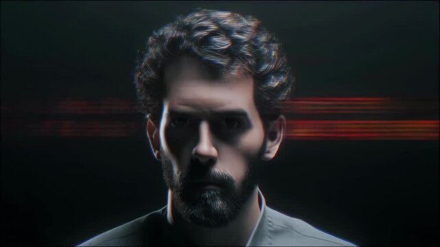 A man's face is obscured by a digital data stream, showing a glitchy, pixelated effect across his eyes.