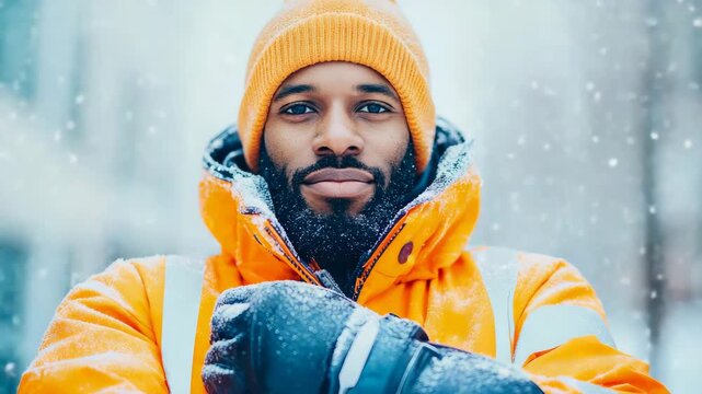 Determined individual in striking orange cold weather parka and beanie amidst winter snowfall