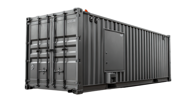 Isolated dark grey corrugated shipping container with double doors and side panel
