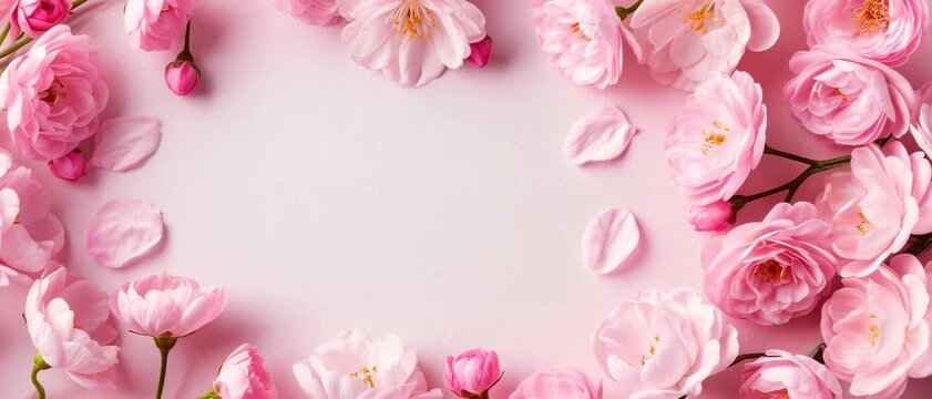 Floral Display, Pink Cherry Blossom Flowers, Studio Flat Lay, Still Life Photography, Soft Pastel Background, Top-Down Overhead Viewpoint, Spring Elegance Concept