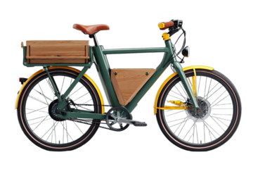 Dark green and yellow electric cargo bicycle with wooden accents on black background