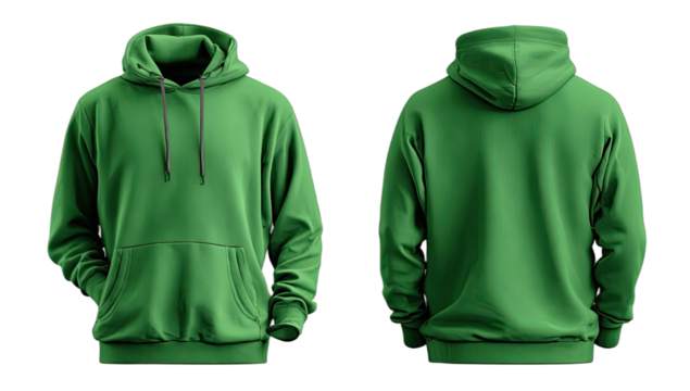 Front and back views of a plain, blank green hoodie with drawstrings, isolated