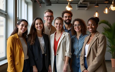 Portrait of happy millennial diverse professional team in loft office space. Group of multi ethnic employees gathering for corporate meeting and teamwork, looking at camera, smiling. Full length