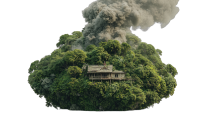 Lush green island with a house, engulfed by a towering plume of dark volcanic smoke
