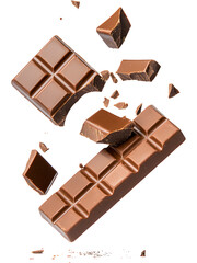 Fototapeta premium Floating bar of dark chocolate with pieces breaking apart on white background. Realistic sweet dessert element perfect for food design and advertising.