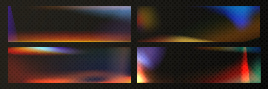 Collection of light leak effects on transparent film background. Vector realistic illustration of subtle red, orange, blue noise overlay, color gradient texture for retro photo editing, vintage filter
