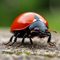 Close up of red ladybug with black head and legs walking on textured surface with green background