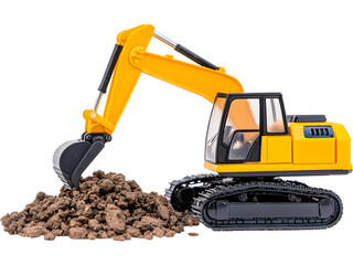 Obraz premium Yellow excavator digger moving soil, isolated on white background. Heavy construction machinery element for industry and engineering design.