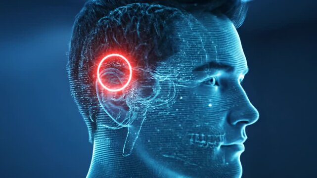 Digital representation of a human head with a glowing red circle indicating pain or activity in the brain and ear area.