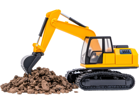 Yellow excavator digger moving soil, isolated on white background. Heavy construction machinery element for industry and engineering design.