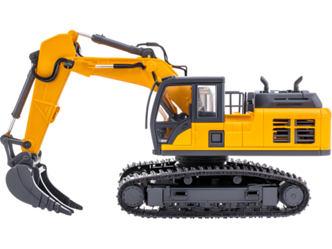 Yellow excavator digger moving soil, isolated on white background. Heavy construction machinery element for industry and engineering design.