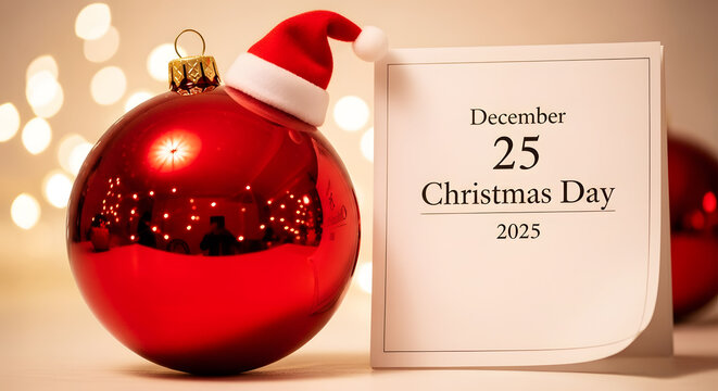 Red Christmas Ornament With Santa Hat Next To A Calendar Page Showing December 25 2025 bauble