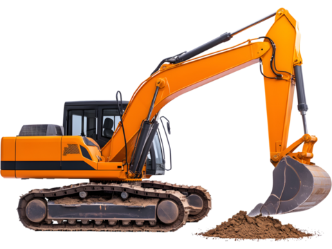 Yellow excavator digger moving soil, isolated on white background. Heavy construction machinery element for industry and engineering design.
