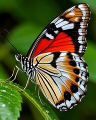 Close-up of a colorful butterfly with red, orange, white, and black wings perched on a green leaf with water droplets