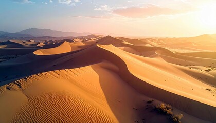 Expansive golden sand dunes stretch towards the horizon under the warm glow of a setting sun, with rippled textures on the sand and distant mountains.