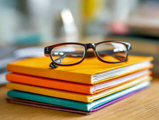 Reading glasses resting on a colorful stack of hardcover notebooks on a wooden desk with blurred background for study or work environment concept