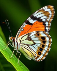 Close up of colorful butterfly with orange, white, and black patterned wings resting on green leaf