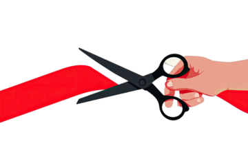 A hand holds black scissors, ready to cut a vibrant red ribbon on a black background