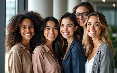 Diverse team of female business leaders standing together, looking at camera, smiling. Group portrait of happy diverse employees of different ages, company workforce, department staff. Head shot