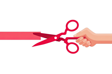 A cartoon hand holds red scissors, cutting a red ribbon against a black background