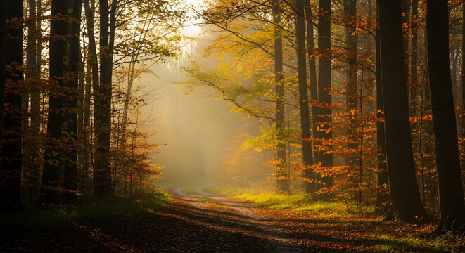 A forest path in autumn with colorful leaves and fog creating a mystical and scenic atmosphere view