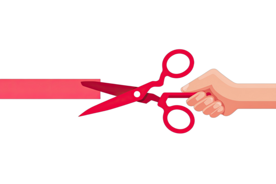 A cartoon hand holds red scissors, cutting a red ribbon against a black background