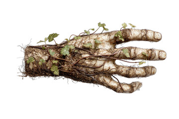 Surreal human hand sculpture made of entangled roots and soil, with green vines