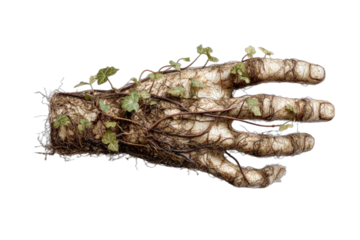 Surreal human hand sculpture made of entangled roots and soil, with green vines