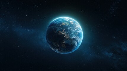 Obraz premium Planet Earth in space showing shimmering oceans and glowing cities from a distance at night