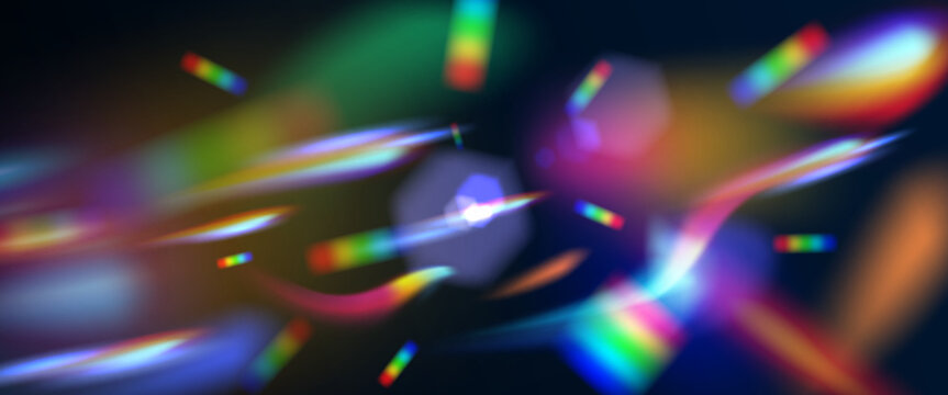 Prism light flare effect with rainbow spectrum dispersion on dark background. Optical lens aberrations with colorful bokeh elements and chromatic distortions. Abstract sun light hologram glare bg.