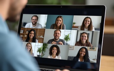 Close up of multiethnic colleagues coworkers have webcam digital zoom meeting on laptop from home. Male employee talk speak on video call with diverse coworkers. Communication, virtual event concept.