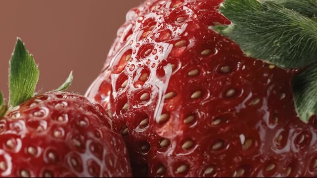 A macro shot of two ripe red strawberries with fuzzy green leaves glistening with water droplets against a soft brown background