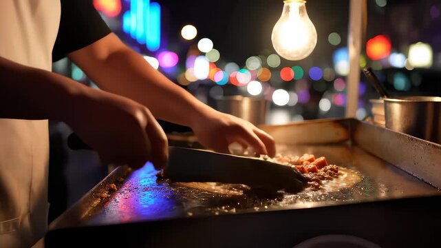 Vendor Prepares Tacos at Night Street Food Vendor Cart