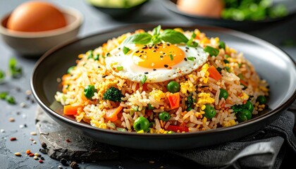 A close-up view of a bowl of fried rice with vegetables and a fried egg on top, presented on a textured surface.
