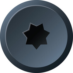 A dark gray star drive screw head with a beveled edge and a black center on a transparent background ideal for technical illustrations and engineering designs.