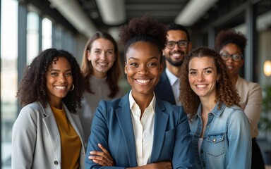 Portrait of happy multiethnic diverse employees colleagues pose together in office. Confident young successful African American businesswoman or team leader with staff show unity and leadership.