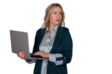 Professional businesswoman in formal wear holding laptop, looking away, with transparent background, technology concept