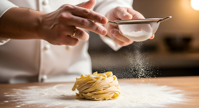 Chef dusting flour over fresh pasta nest with a metal sieve on a wooden surface in a kitchen setting