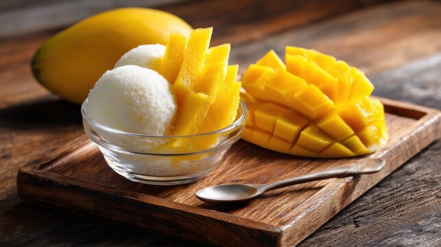 Delicious mango dessert served with creamy vanilla ice cream on a wooden table