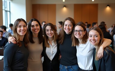 Diverse professional team posing happily at a seminar event indoors. High quality
