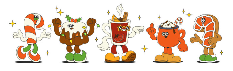 Naklejka premium Groovy Christmas characters set isolated on white. Vector cartoon illustration of retro xmas stickers with happy candy cane, sweet cake, hot drink, gingerbread mascots, smiling winter holiday symbols