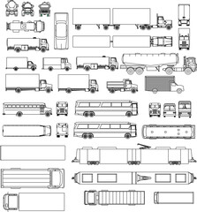 Technical vector set of large vehicles: trucks, buses, trailers, and trains in top, side, and front elevation views.